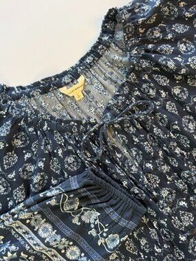 Lucky Brand Women's Blue Peasant Top Floral Pintuck Popover Boho Large